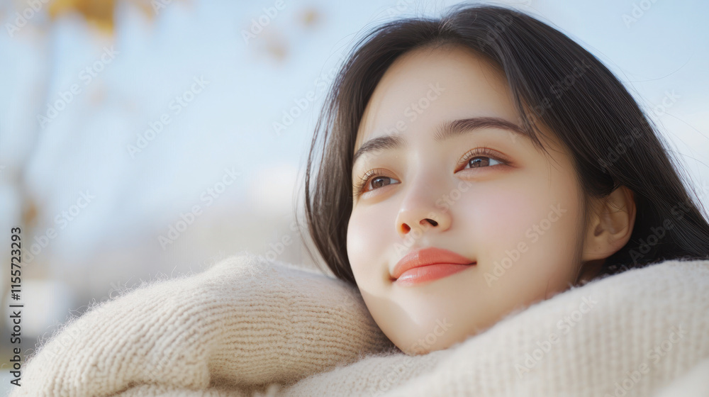 Indonesian woman in wool sweater lying on her back on the bed, relaxed Indonesian woman in wool sweater lying on her back on the bed, relaxed