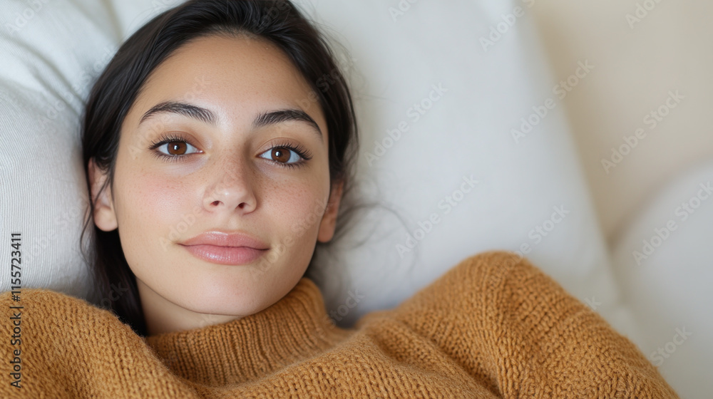 Hispanic woman in wool sweater lying on her back on the bed, relaxed Hispanic woman in wool sweater lying on her back on the bed, relaxed