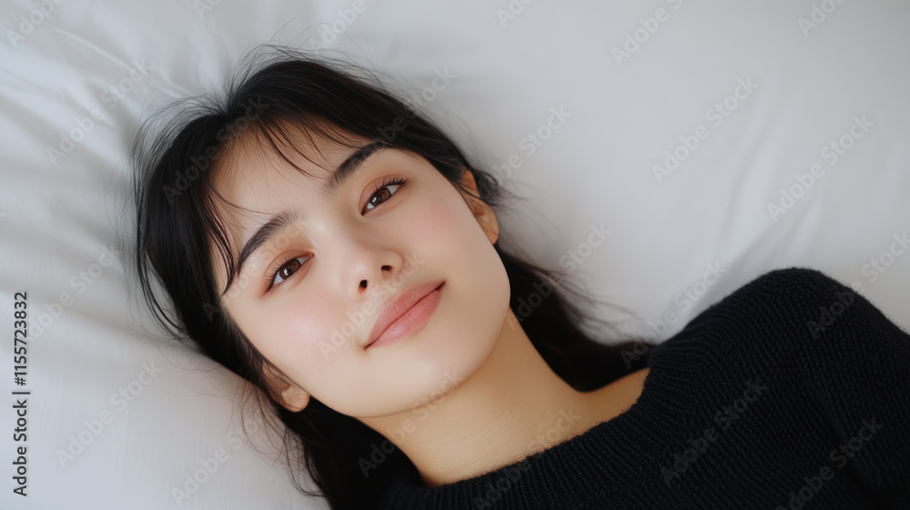 Indonesian woman in wool sweater lying on her back on the bed, relaxed Indonesian woman in wool sweater lying on her back on the bed, relaxed