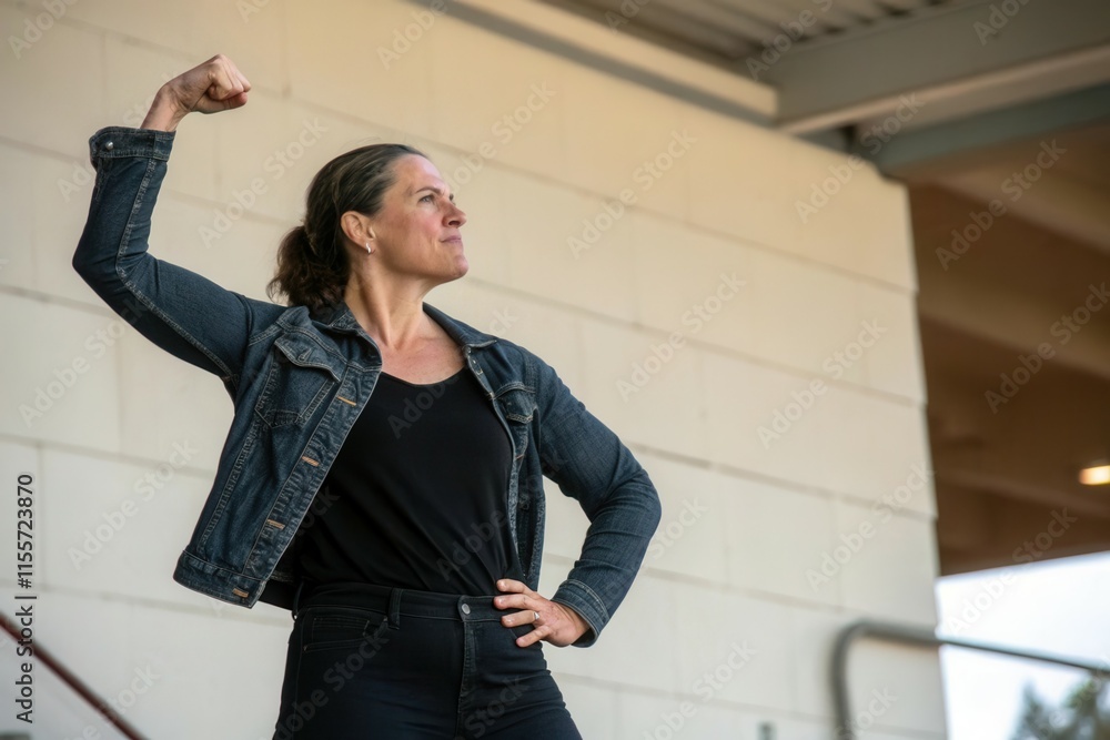 Confident woman in denim jacket displaying strength and empowerment. Confident woman in denim jacket displaying strength and empowerment.
