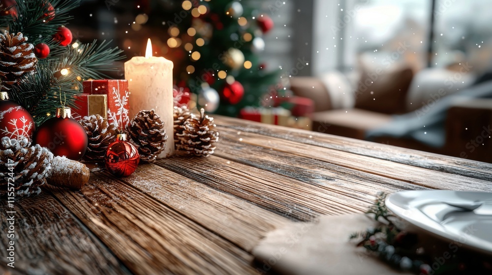 A cozy Christmas scene featuring a wooden table adorned with pinecones, candles, ornaments, and a beautifully decorated tree in the background. A cozy Christmas scene featuring a wooden table adorned with pinecones, candles, ornaments, and a beautifully decorated tree in the background.