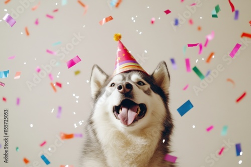 A jubilant Alaskan Malamute celebrating 2025. Featuring vibrant party streamers and hats