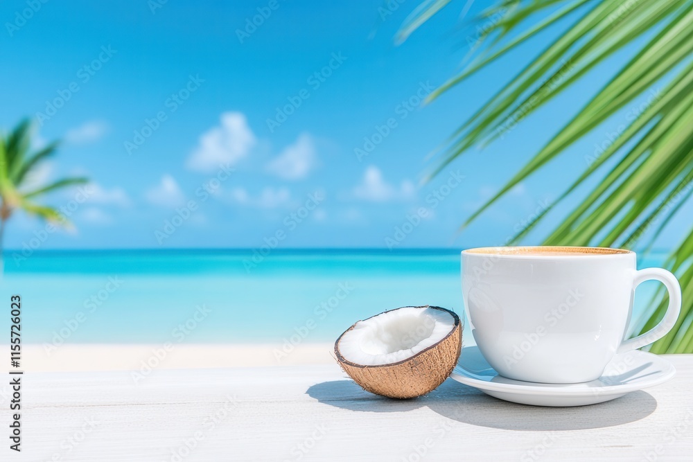 Tropical summer relaxation with coconut and coffee by the beach. Tropical summer relaxation with coconut and coffee by the beach.
