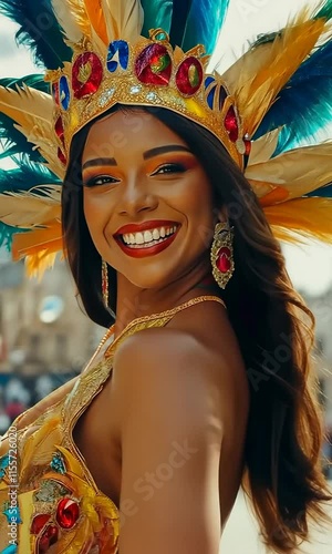 Brazilian wearing Samba Costume. Beautiful Brazilian woman wearing colorful costume and smiling during Carnaval street parade in Brazil.	 photo