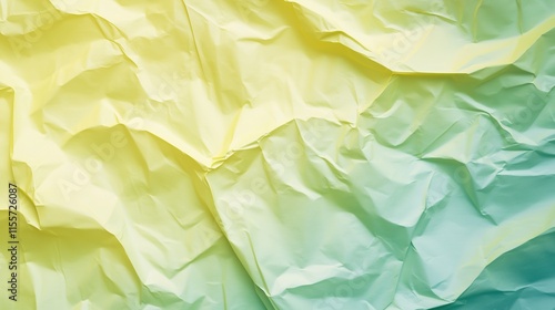 top view on light green color crumpled paper, texture background  