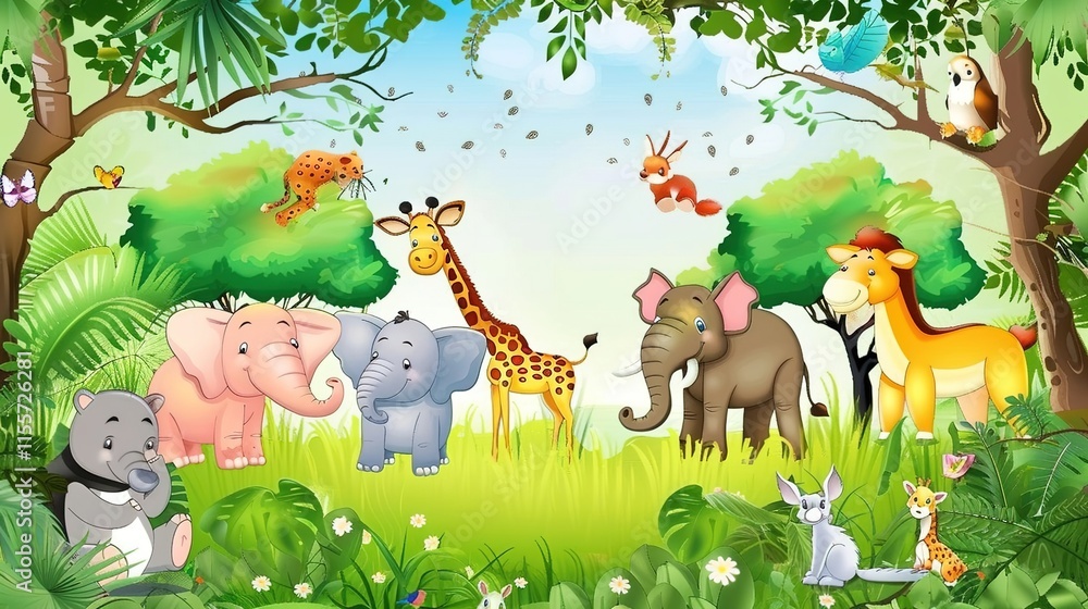 Fototapeta premium Adorable and Whimsical World of Cute Cartoon Safari Zoo: Unveiling the Enchanting Beauty of Watercolor Style with Animal Frame Border. Explore Keywords like Charming, Playful, Jungle Creatures, Exotic