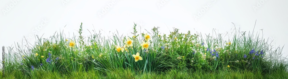 Fototapeta premium Vibrant Spring Meadow with Colorful Wildflowers and Fresh Green Grass in a Serene Natural Setting Displaying the Beauty of Nature's Flora and Seasonal Blooms