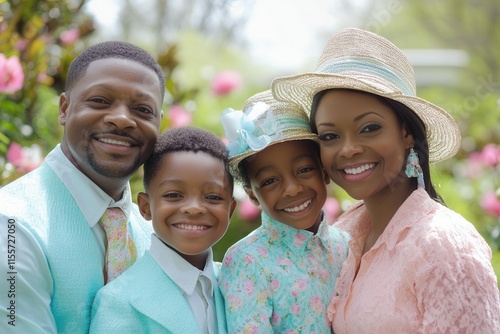 Joyful family portrait in matching easter outfits in a blooming garden setting.