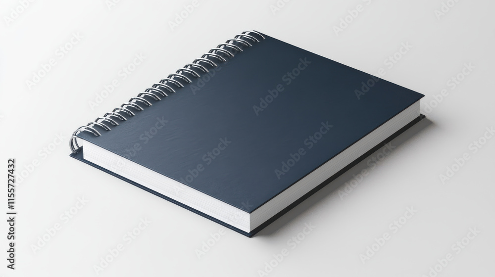 A modern spiral-bound notebook with a glossy metallic blue cover and a sleek silver back cover, lying neatly on a white background, showcasing smooth edges and vibrant reflective textures A modern spiral-bound notebook with a glossy metallic blue cover and a sleek silver back cover, lying neatly on a white background, showcasing smooth edges and vibrant reflective textures