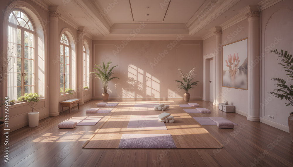 Fototapeta premium A Sanctuary of Tranquility: A Serene Yoga Studio Bathed in Soft Light