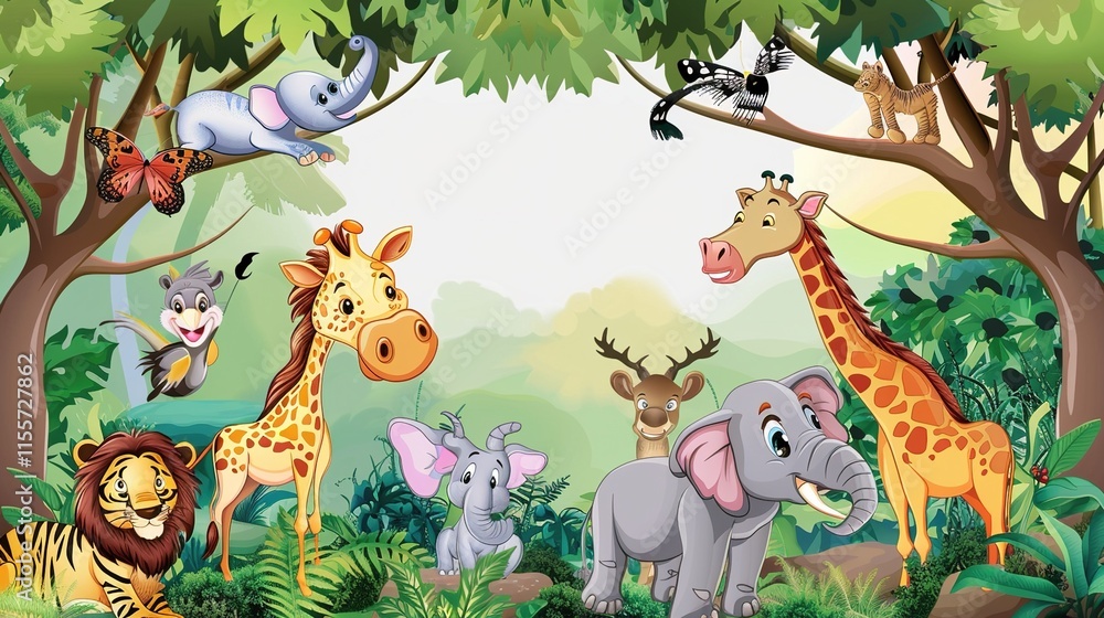 Fototapeta premium Adorable and Whimsical World of Cute Cartoon Safari Zoo: Unveiling the Enchanting Beauty of Watercolor Style with Animal Frame Border. Explore Keywords like Charming, Playful, Jungle Creatures, Exotic