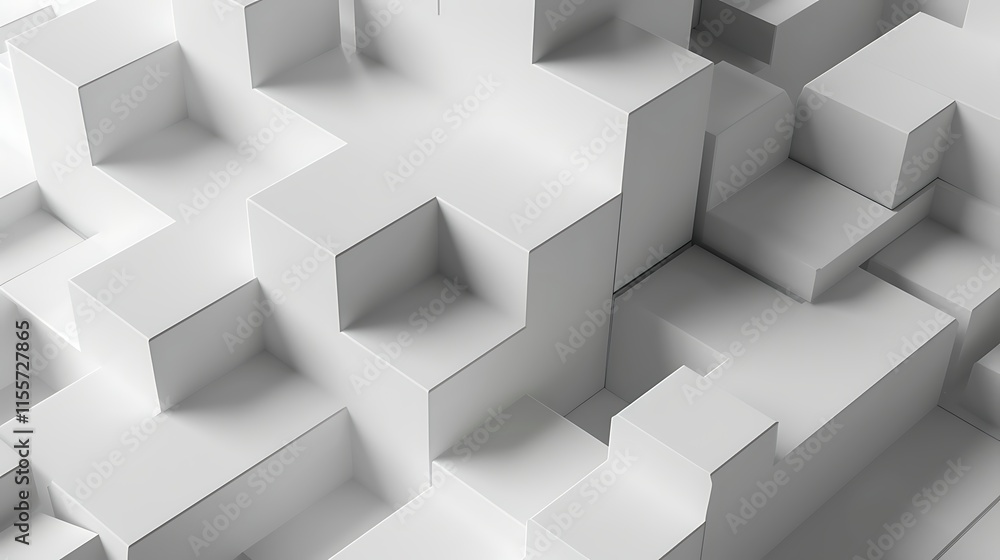Abstract arrangement of white blocks forming a three-dimensional geometric pattern with shadows. A clean and modern background texture.
Abstract arrangement of white blocks forming a three-dimensional geometric pattern with shadows. A clean and modern background texture.