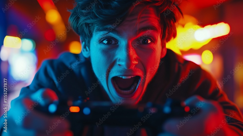 A young man intensely playing video games with a controller, expressing excitement. A young man intensely playing video games with a controller, expressing excitement.
