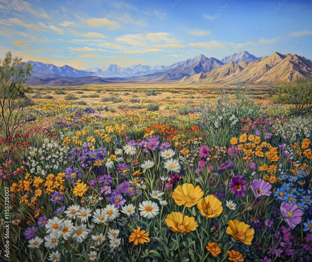 Obraz premium Vibrant Wildflower Field Under Clear Blue Sky with Majestic Mountains in the Background, Showcasing a Colorful Array of Nature's Beauty and Serenity
