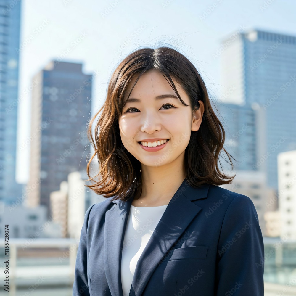 Elegant Japanese Businesswoman with Long Brown Hair in Urban Skyline: Confidence and Sophistication Elegant Japanese Businesswoman with Long Brown Hair in Urban Skyline: Confidence and Sophistication