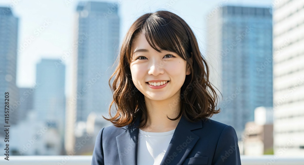 Elegant Japanese Businesswoman with Long Brown Hair in Urban Skyline: Confidence and Sophistication Elegant Japanese Businesswoman with Long Brown Hair in Urban Skyline: Confidence and Sophistication