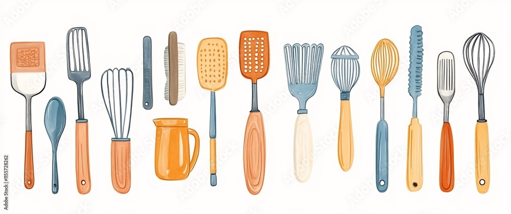 Assorted Kitchen Utensils and Baking Tools in Illustrated Style for Holiday Cooking Themes Assorted Kitchen Utensils and Baking Tools in Illustrated Style for Holiday Cooking Themes