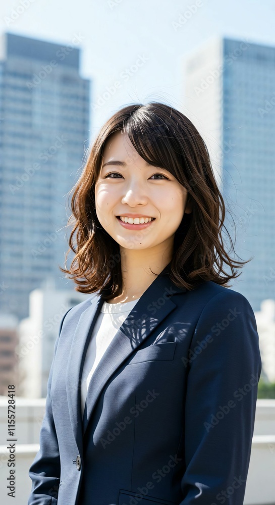 Elegant Japanese Businesswoman with Long Brown Hair in Urban Skyline: Confidence and Sophistication Elegant Japanese Businesswoman with Long Brown Hair in Urban Skyline: Confidence and Sophistication