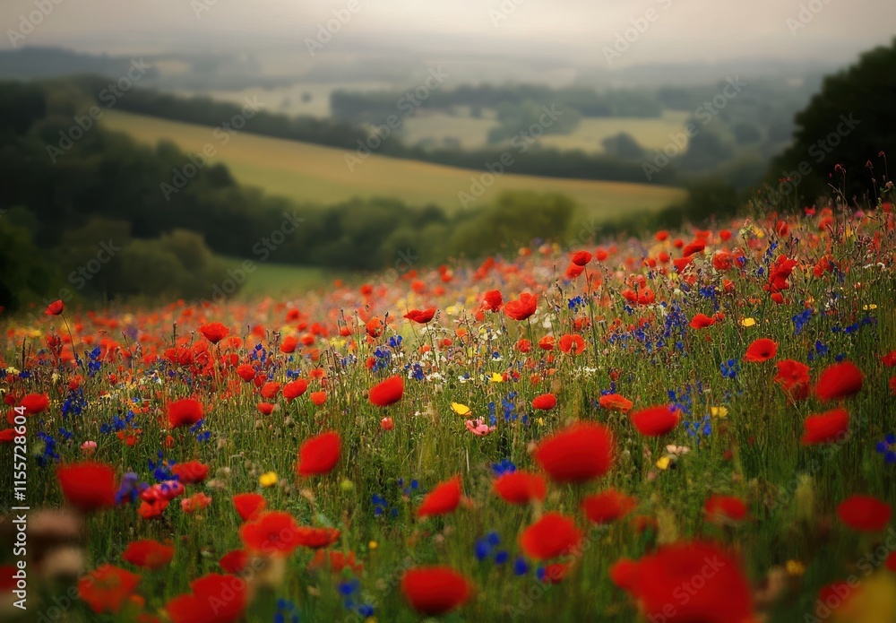Obraz premium Vibrant Wildflower Meadow with A Colorful Array of Poppies, Daisies, and Bluebells Under a Misty Sky Capturing the Essence of Nature's Beauty and Serenity