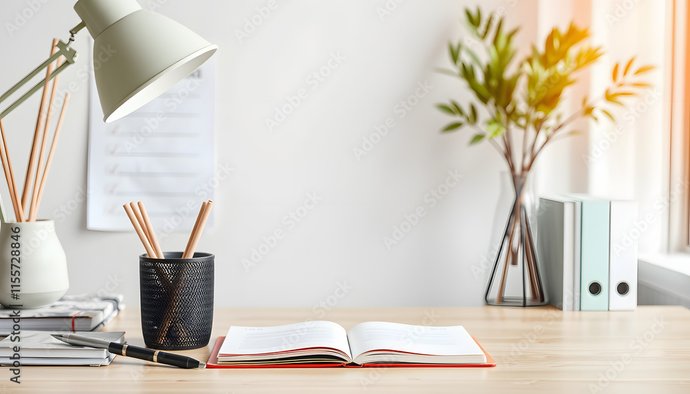 Beautiful feminine female office desk with empty notebook cover mockup, Paper Cutout style. isolated with white shades Beautiful feminine female office desk with empty notebook cover mockup, Paper Cutout style. isolated with white shades