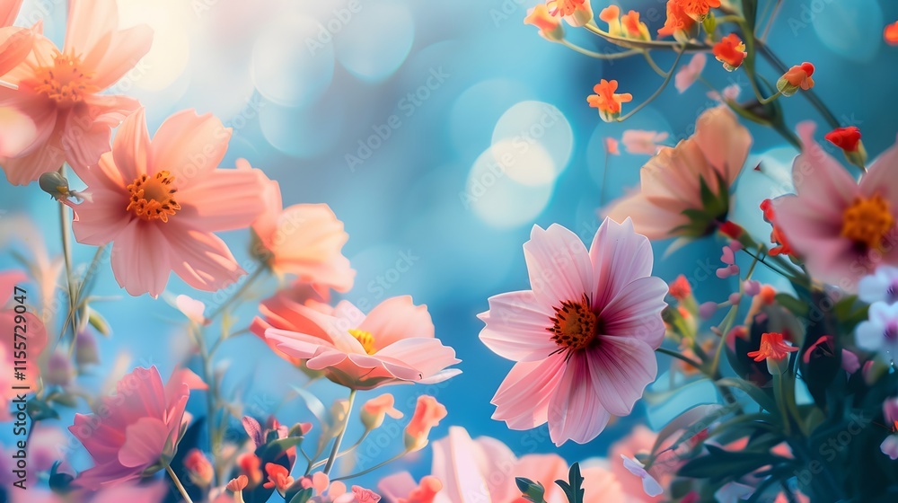 Beautiful Blossoms in Soft Focus with Glowing Blue Background Beautiful Blossoms in Soft Focus with Glowing Blue Background