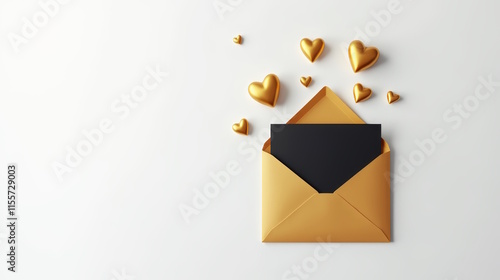 A golden envelope with a black blank card and golden hearts, Love letter. Valentine's gift. Transparent background.