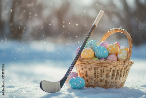 Hockey stick and easter eggs in snowy basket scene for sport and holiday festivity.