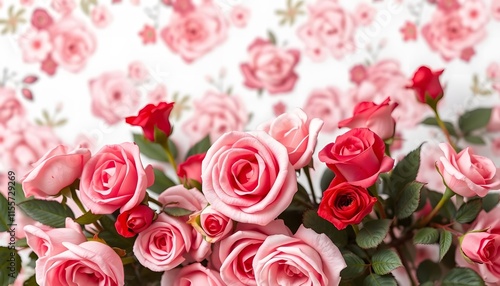 A Bouquet of Pink and Red Roses on a Floral Background red roses background