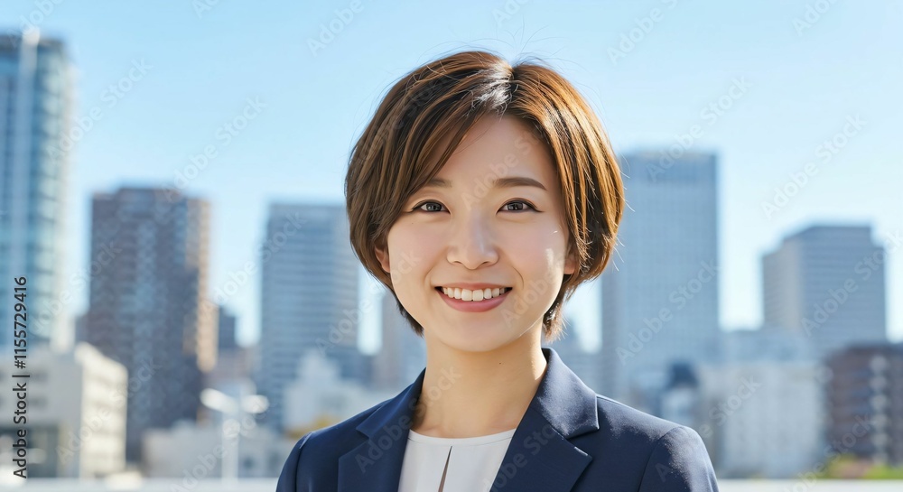Modern Japanese Woman with Short Hair: Professionalism and Ambition in the Cityscape Modern Japanese Woman with Short Hair: Professionalism and Ambition in the Cityscape