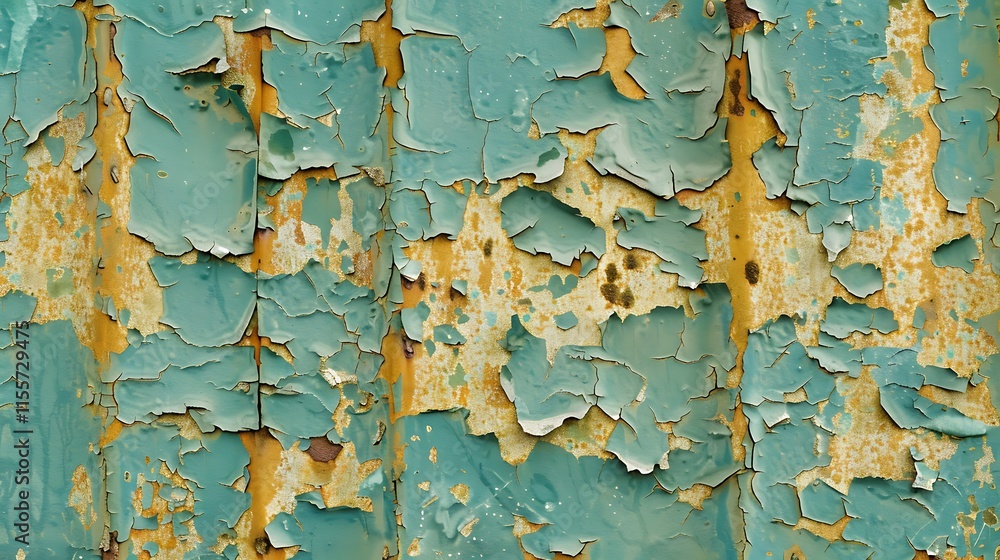 Obraz premium Weathered surface with peeling turquoise paint revealing rust underneath. A textured abstract of decay, aging, and layers.