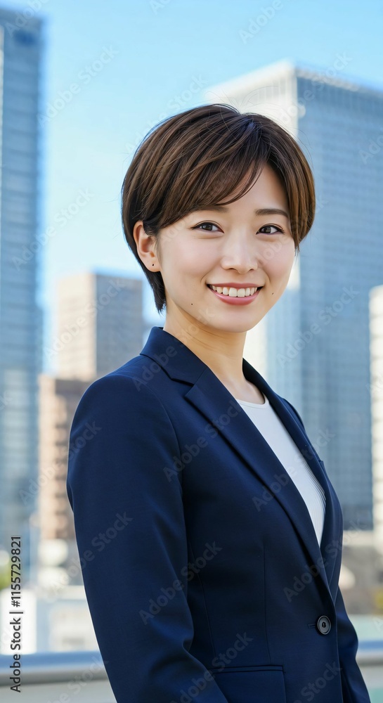 Confident Short-Haired Japanese Businesswoman in Modern City: Embracing Elegance and Determination Confident Short-Haired Japanese Businesswoman in Modern City: Embracing Elegance and Determination