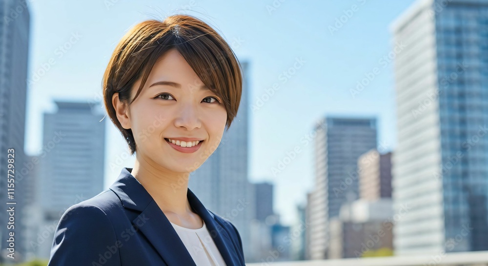 Confident Short-Haired Japanese Businesswoman in Modern City: Embracing Elegance and Determination Confident Short-Haired Japanese Businesswoman in Modern City: Embracing Elegance and Determination