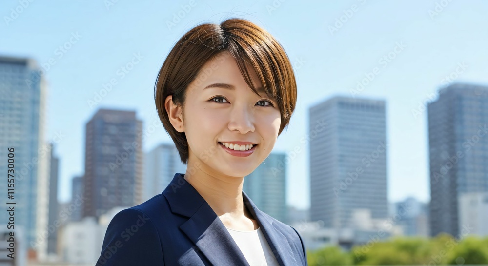 Confident Short-Haired Japanese Businesswoman in Modern City: Embracing Elegance and Determination Confident Short-Haired Japanese Businesswoman in Modern City: Embracing Elegance and Determination