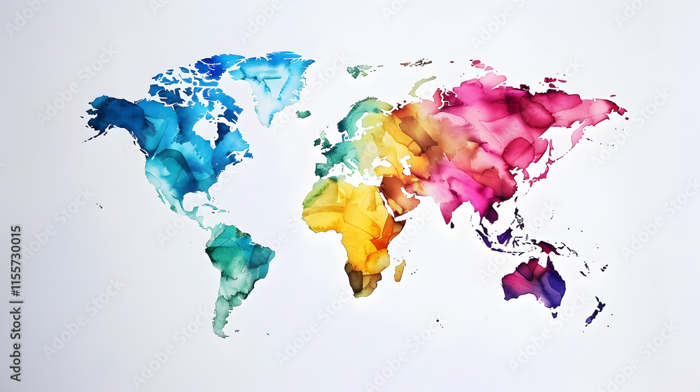 Fototapeta premium A stunning watercolor world map featuring vibrant shades of blue, green, yellow, and pink. This artistic representation showcases a colorful and creative take on global geography.