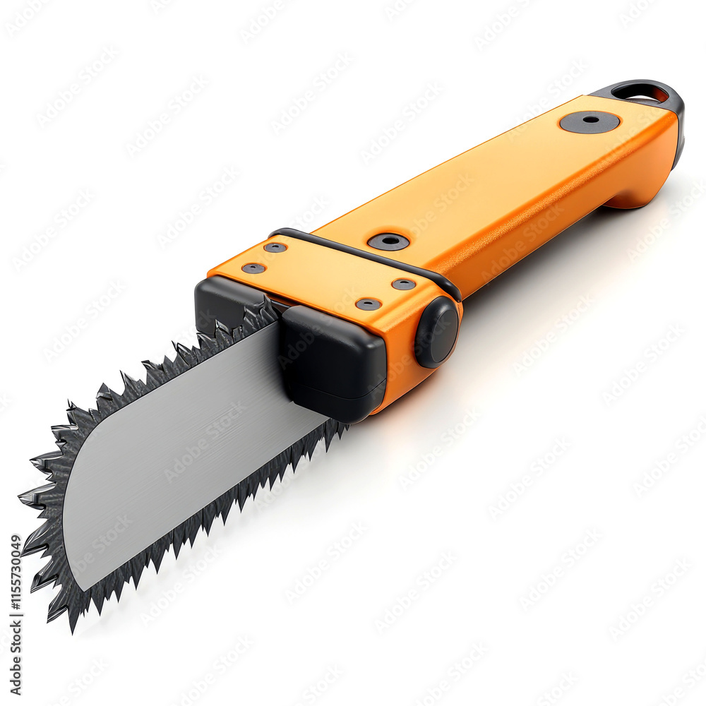 Compact folding hand saw with orange handle and serrated blade isolated on white background.