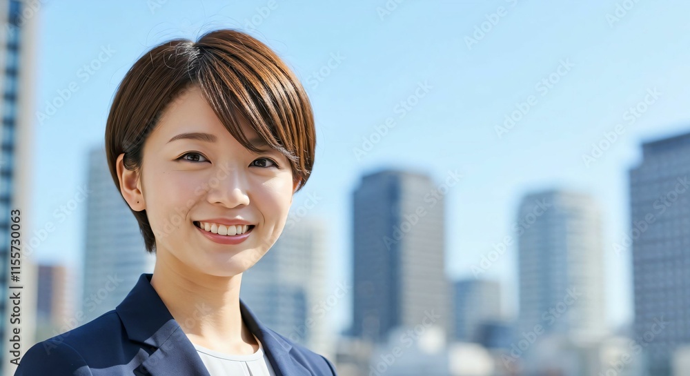 Confident Short-Haired Japanese Businesswoman in Modern City: Embracing Elegance and Determination Confident Short-Haired Japanese Businesswoman in Modern City: Embracing Elegance and Determination