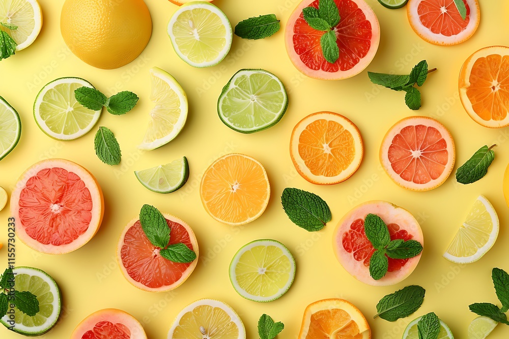 Flat lay composition with citrus fruits on yellow background, top view Flat lay composition with citrus fruits on yellow background, top view