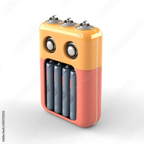 Cute cartoon battery pack with four AA batteries inside. photo