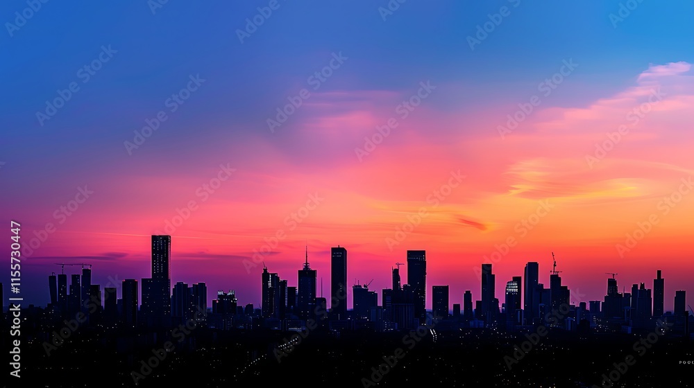 Striking city skyline silhouette against a vibrant sunset with hues of blue, pink, orange, and purple. Towering buildings define the dark urban horizon.
Striking city skyline silhouette against a vibrant sunset with hues of blue, pink, orange, and purple. Towering buildings define the dark urban horizon.