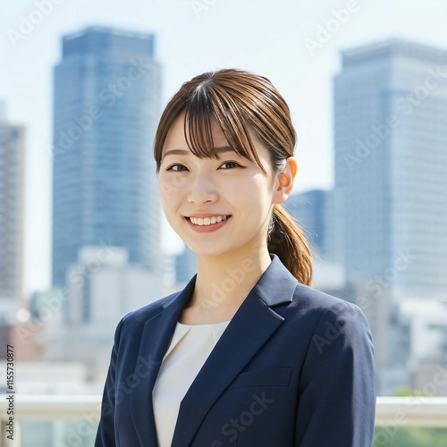Free Download Confident Japanese Businesswoman with Ponytail in Urban Cityscape: Embracing Professionalism and Ambition - GFXLoad