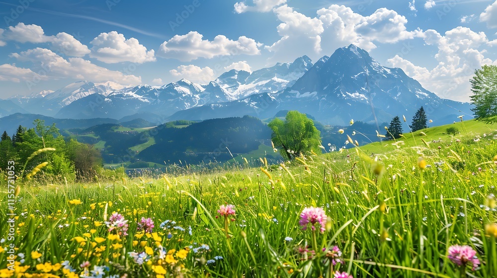 Fototapeta premium Beautiful spring landscape with meadow and mountain peaks in the background