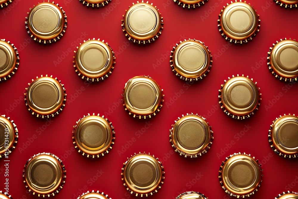 A repeating pattern of golden shiny beer bottle caps on a red background perfect for use as a backdrop or with text, Generative AI. A repeating pattern of golden shiny beer bottle caps on a red background perfect for use as a backdrop or with text, Generative AI.
