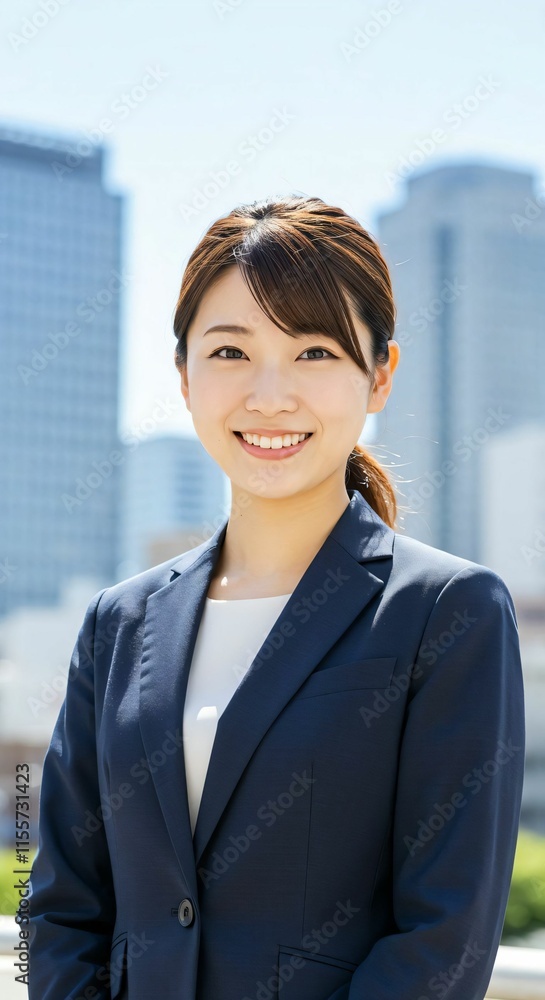 Confident Japanese Businesswoman with Ponytail in Urban Cityscape: Embracing Professionalism and Ambition Confident Japanese Businesswoman with Ponytail in Urban Cityscape: Embracing Professionalism and Ambition