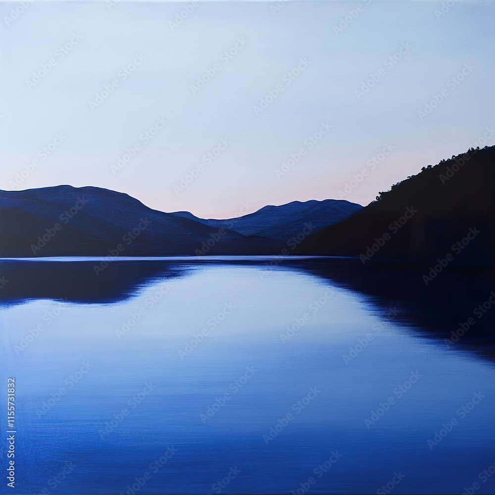 Fototapeta premium Serene Lake Sunset Landscape: Mountains Mirrored in Tranquil Water