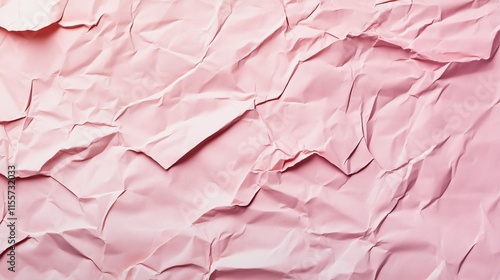 top view on pink color crumpled paper, texture background  
