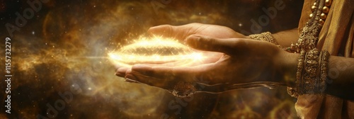 Glowing Sudarshana Chakra in divine hands amidst cosmic energy. Generative AI
