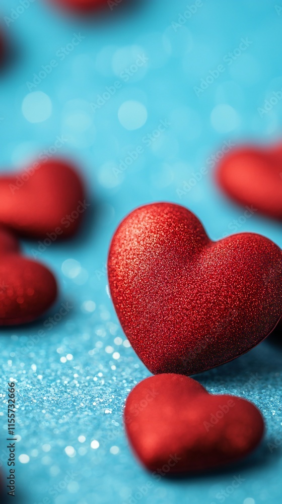 Obraz premium Romantic Red Glitter Hearts on Blue Sparkle Background Valentines Day