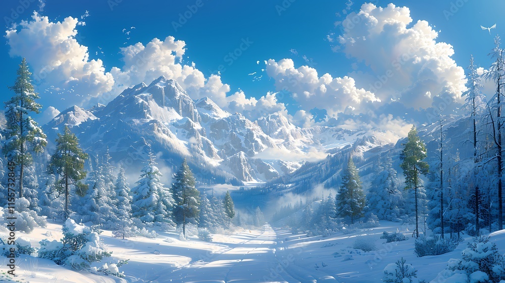 Obraz premium Snowy landscape with a dense forest and blue sky