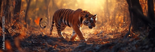 Solitary tiger walks through deforested jungle at sunset in search of food and territory. Generative AI photo