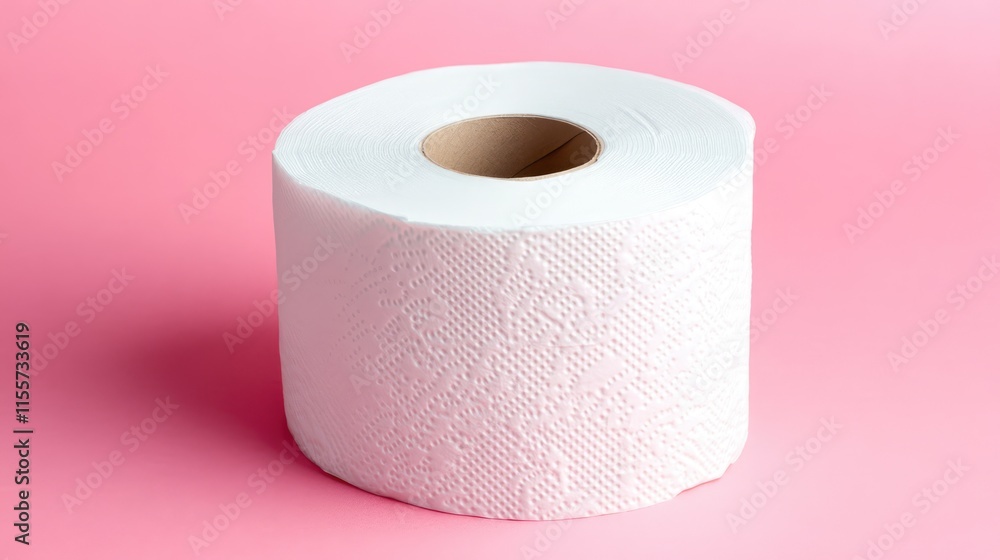 Roll of white toilet tissue paper against a soft pink background showcasing texture and color contrast for home and hygiene themes Roll of white toilet tissue paper against a soft pink background showcasing texture and color contrast for home and hygiene themes